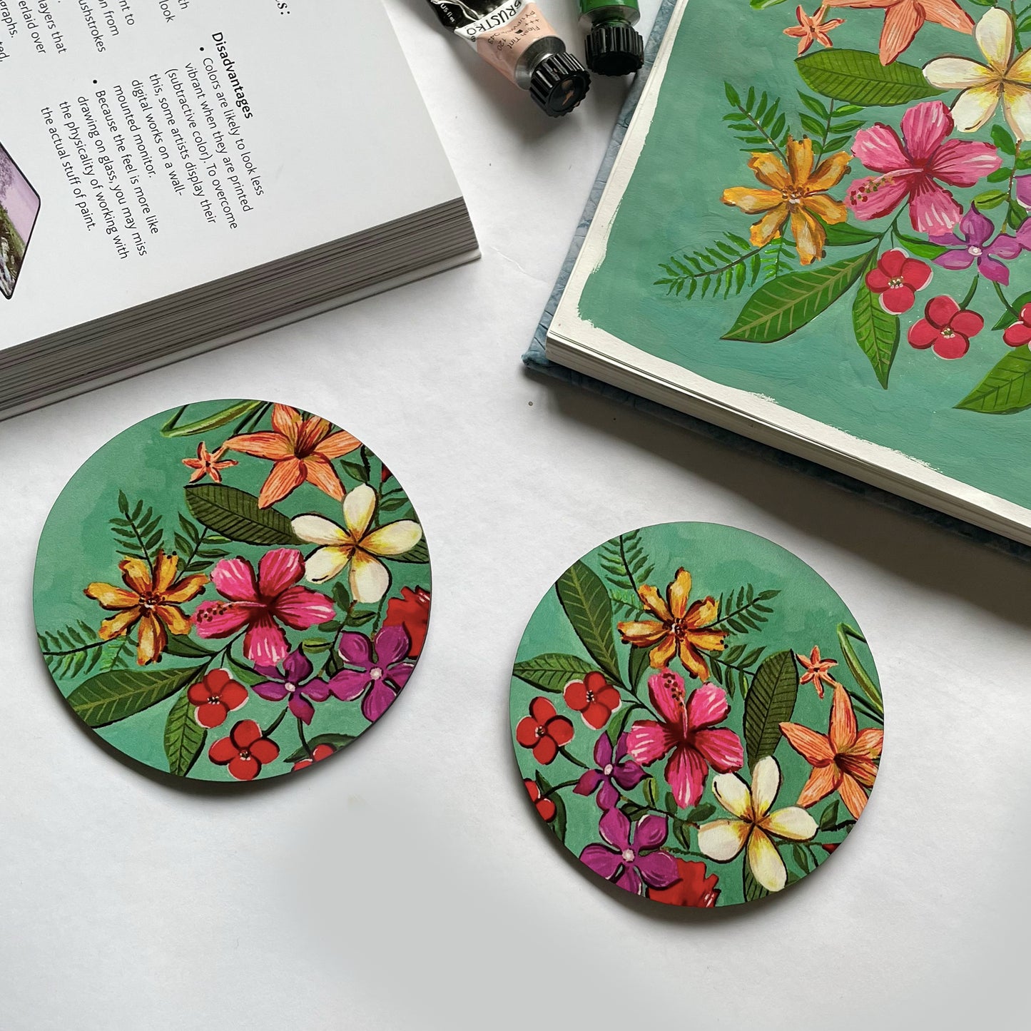Turquoise Floral Round Coaster- set if 2